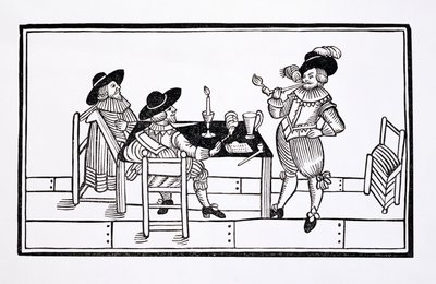 Vintners in a Tudor ale house, from a broadsheet Health to All, 1642 by English School